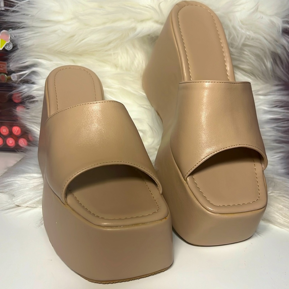 Tan Mules Shoes 4 inch wedges from SHEIN